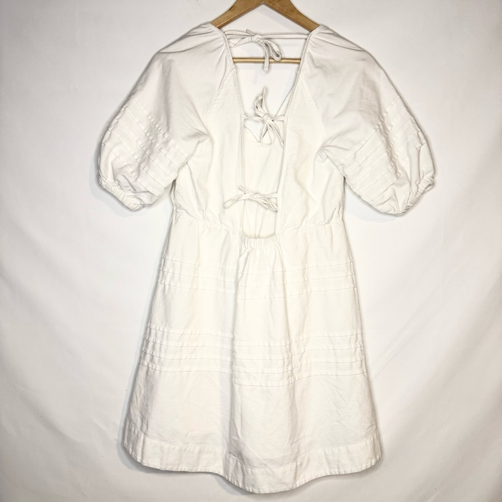 Avec Les Filles Open Back Puff Sleeve V-Neck White Cotton Mini Dress Size Small - Picture 8 of 10